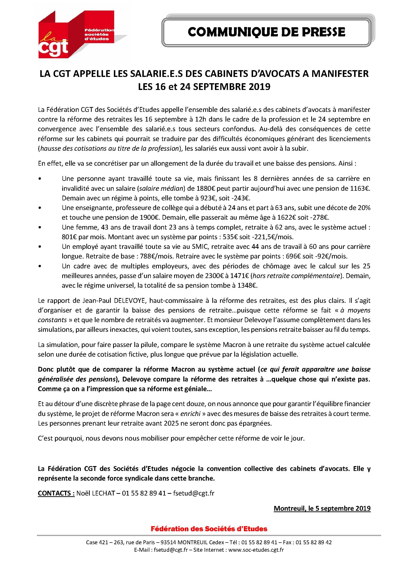 La CGT appelle les salarié.e.s des cabinet d’avocats à manifester les 16 et 24 septembre 2019