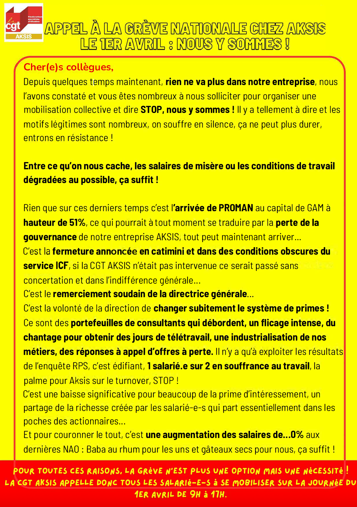 APPEL À LA GRÈVE NATIONALE CHEZ AKSIS LE 1ER AVRIL : NOUS Y SOMMES !